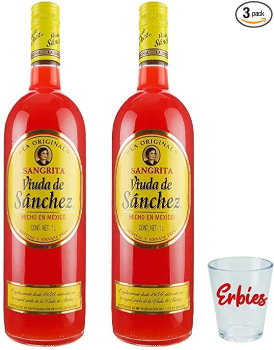 Viuda De Sanchez Sangrita - Alcohol Free - Perfect with Your Favorite Tequila - Make Delicious Alcohol Free Cocktails - 2 Bottles (1 Liter Each) | Imprinted Erbies™ Shot Glass - Two Ounces