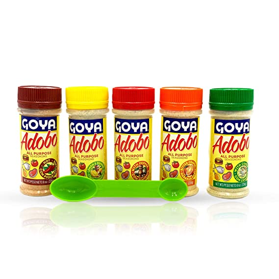 Goya Adobo All Purpose Seasoning Bundle - Goya Adobo Seasoning Variety Pack - Pepper, Cumin, Lemon, Bitter Orange & Hot - Bonus Measuring Spoon (5 Pack, 8 Ounce Bottles)