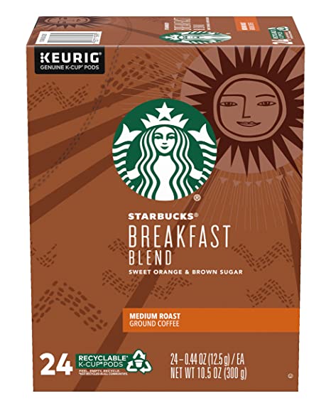Starbucks Breakfast Blend Coffee K-Cup Pods, Medium Roast Ground Coffee K-Cups for Keurig Brewing System, 24 CT Recyclable Pods Per Box (Pack of 1)