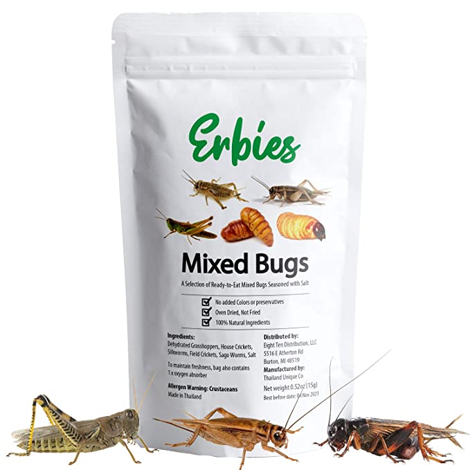 Erbies Edible Bugs Mixed Trail Mix, 15g Bag, Seasoned and Crunchy Insects,  Crickets, Grasshoppers, Silkworm Pupae, and Sago Worms, Protein Packed