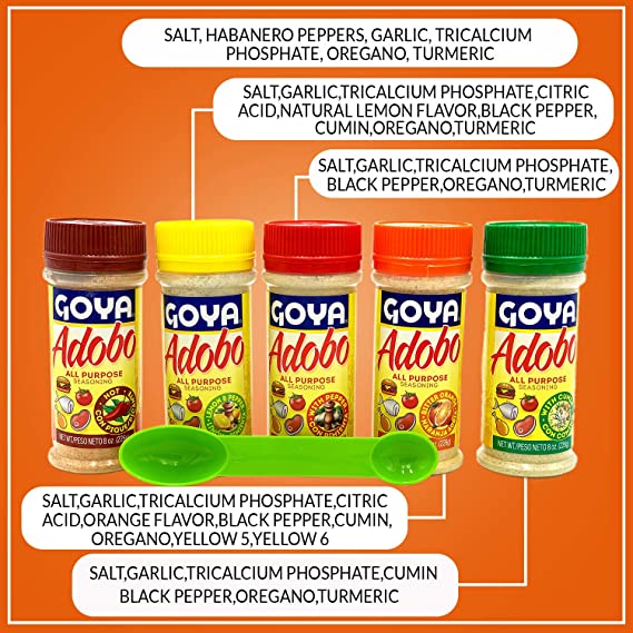 Goya Adobo All Purpose Seasoning Bundle - Goya Adobo Seasoning Variety Pack - Pepper, Cumin, Lemon, Bitter Orange & Hot - Bonus Measuring Spoon (5 Pack, 8 Ounce Bottles)