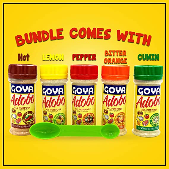 Goya Adobo All Purpose Seasoning Bundle - Goya Adobo Seasoning Variety Pack - Pepper, Cumin, Lemon, Bitter Orange & Hot - Bonus Measuring Spoon (5 Pack, 8 Ounce Bottles)