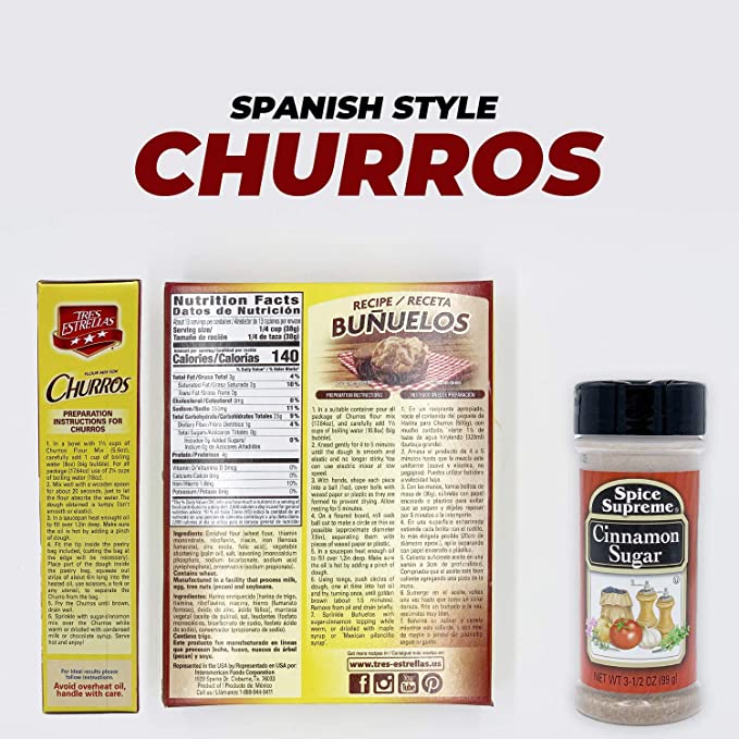 Tres Estrellas Churros Mix with Spice Supreme Cinnamon Sugar, 3 Pc. Bundle, Authentic Mexican Batter Powder for Crunchy Donut Sticks, Easy to Blend