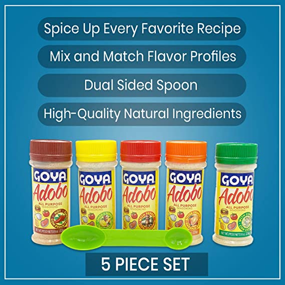 Goya Adobo All Purpose Seasoning Bundle - Goya Adobo Seasoning Variety Pack - Pepper, Cumin, Lemon, Bitter Orange & Hot - Bonus Measuring Spoon (5 Pack, 8 Ounce Bottles)