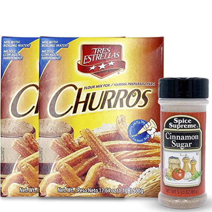 Tres Estrellas Churros Mix with Spice Supreme Cinnamon Sugar, 3 Pc. Bundle, Authentic Mexican Batter Powder for Crunchy Donut Sticks, Easy to Blend