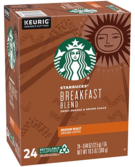 Starbucks Breakfast Blend Coffee K-Cup Pods, Medium Roast Ground Coffee K-Cups for Keurig Brewing System, 24 CT Recyclable Pods Per Box (Pack of 1)
