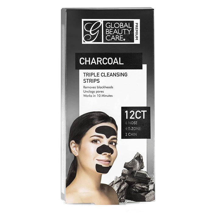 Global Beauty Care Premium Triple Zone Cleansing Strips of Activated Charcoal Nose Strips For Blackheads Removal, Nose + Forehead T-Zone + Chin Charcoal Blackhead Remover Strips - 12 Ct